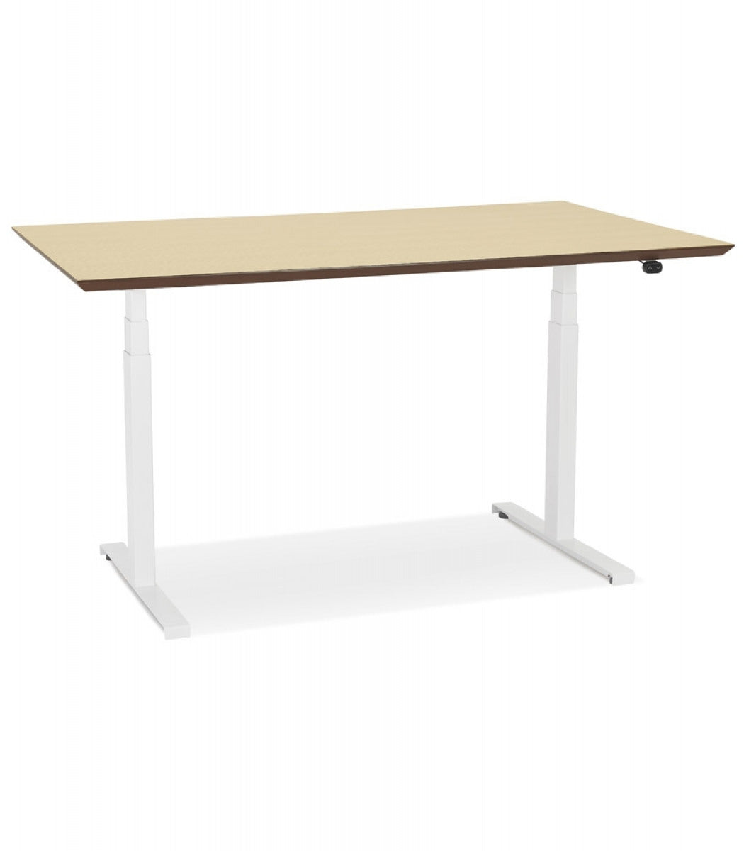 Bureau assis-debout électrique 'BIONIK'avec plateau en bois finition naturelle et pied en métal blanc - 150x70 cm