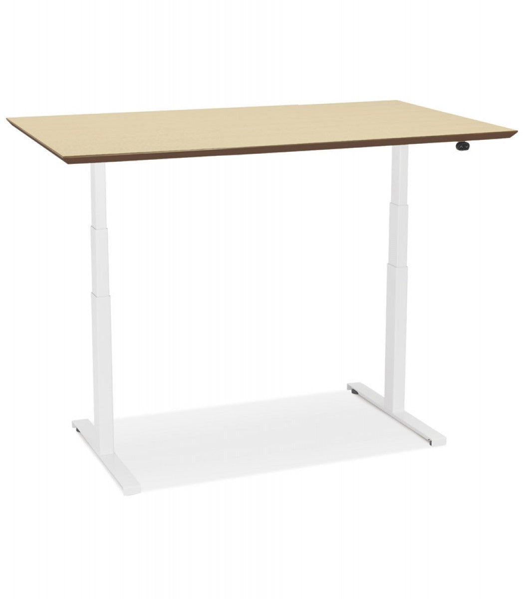 Bureau assis-debout électrique 'BIONIK'avec plateau en bois finition naturelle et pied en métal blanc - 150x70 cm