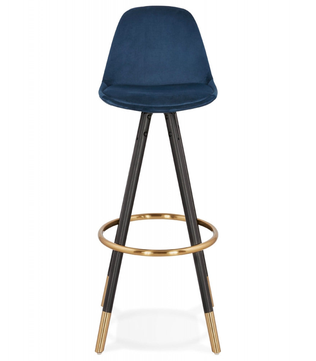 Tabouret de bar design 'CHICAGO' en velours bleu et 4 pieds en bois noir