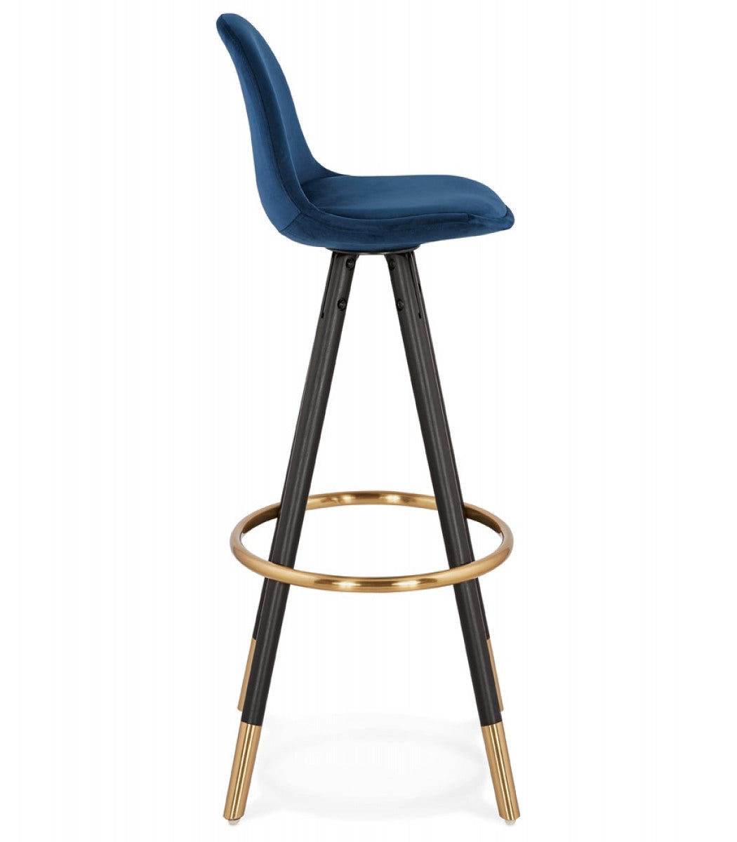 Tabouret de bar design 'CHICAGO' en velours bleu et 4 pieds en bois noir