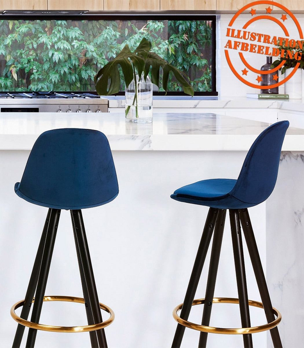 Tabouret de bar design 'CHICAGO' en velours gris et 4 pieds en bois noir