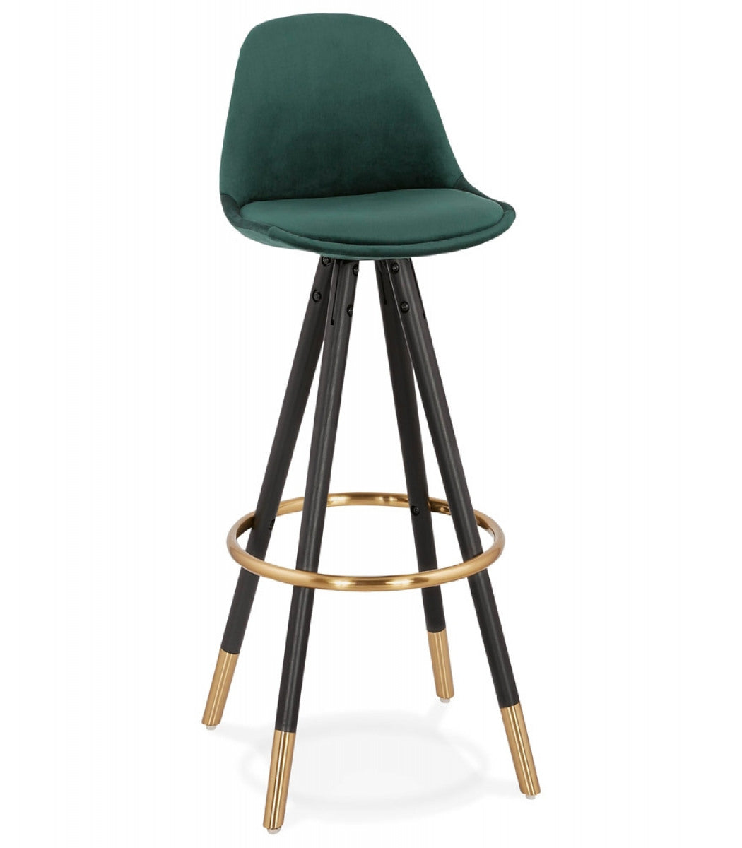 Tabouret de bar design 'CHICAGO' en velours vert et 4 pieds en bois noir