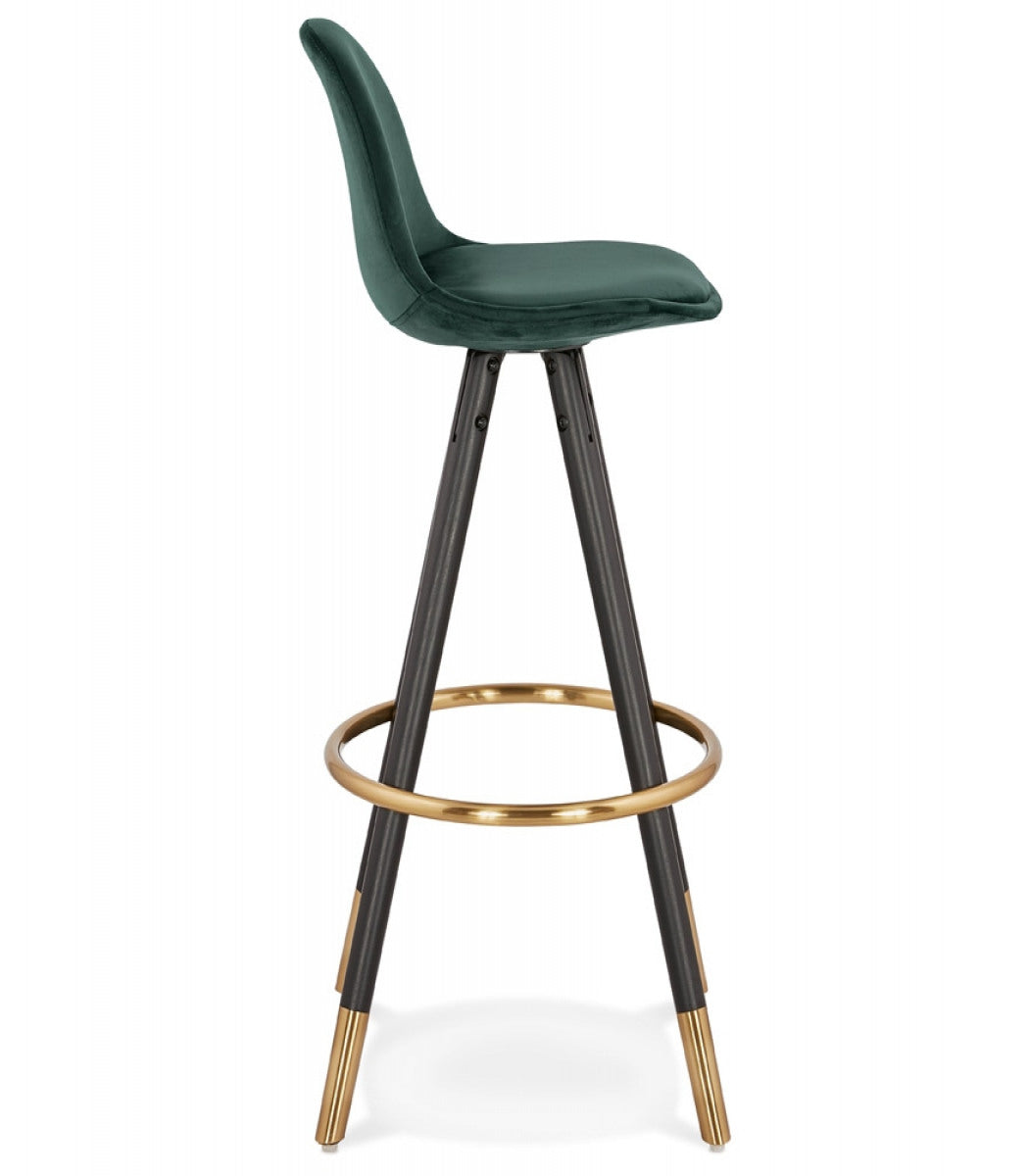 Tabouret de bar design 'CHICAGO' en velours vert et 4 pieds en bois noir