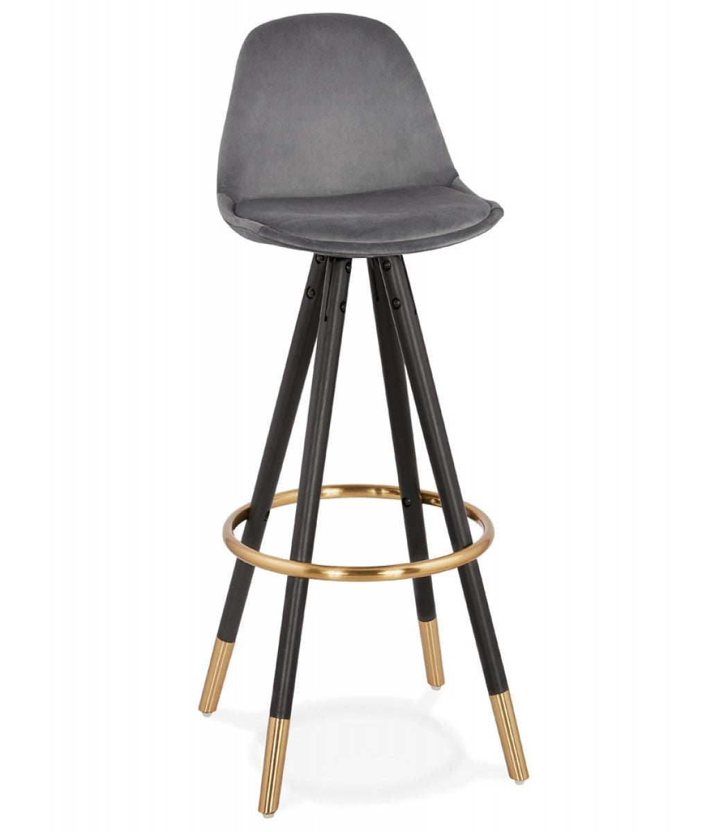 Tabouret de bar design 'CHICAGO' en velours gris et 4 pieds en bois noir