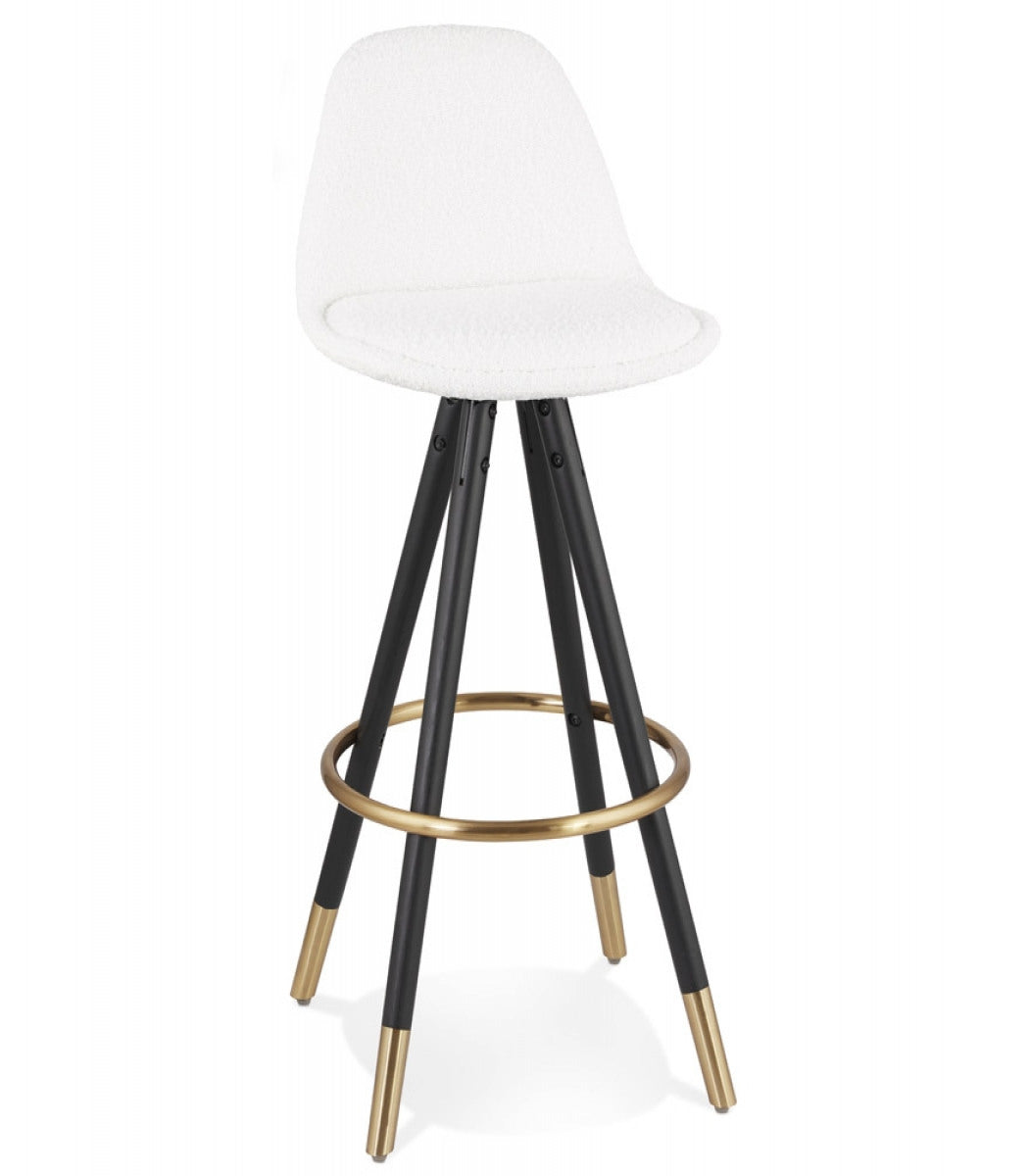 Tabouret de bar 'CLARISSE' en tissu bouloché blanc et 4 pieds en bois noir