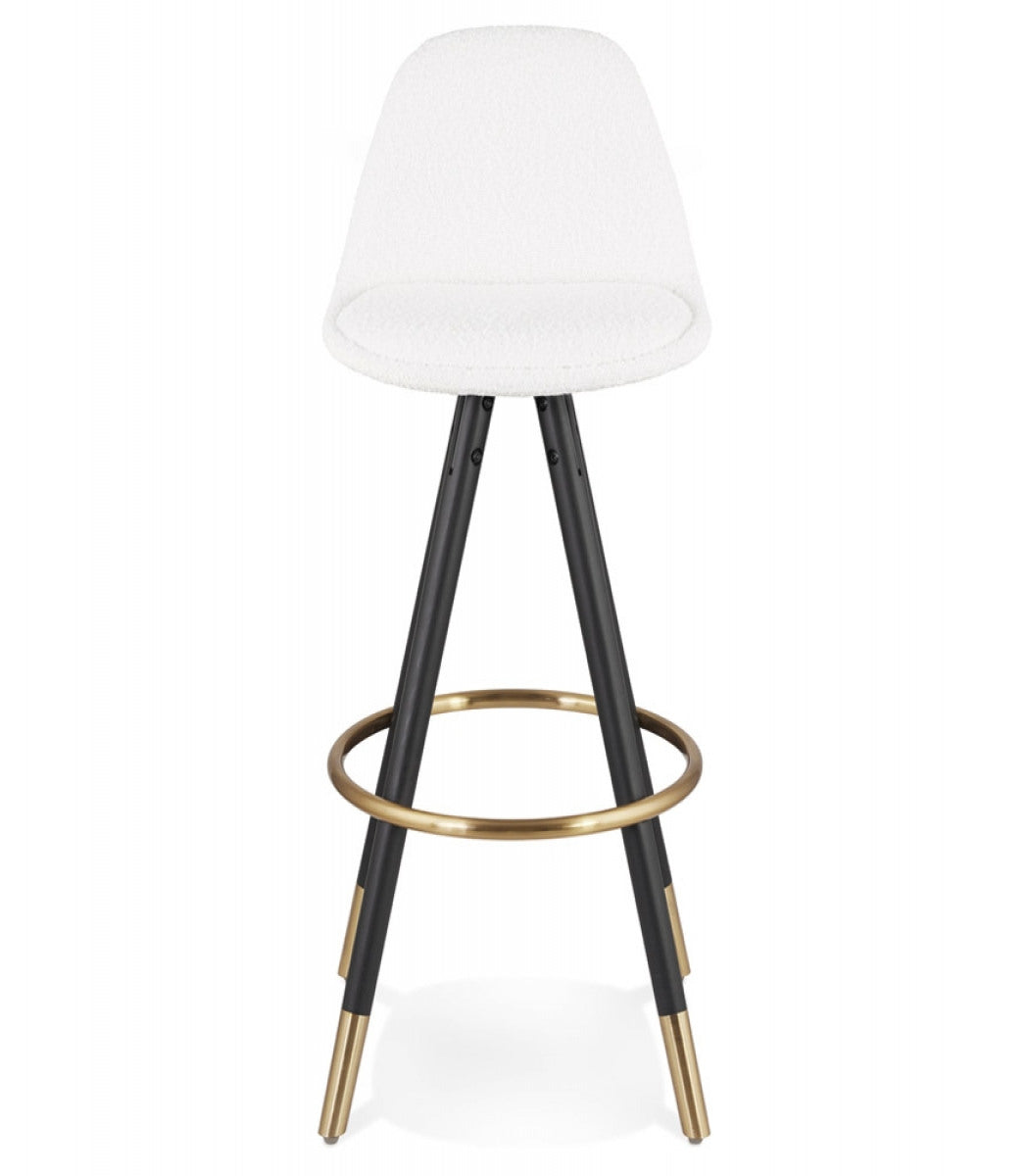 Tabouret de bar 'CLARISSE' en tissu bouloché blanc et 4 pieds en bois noir
