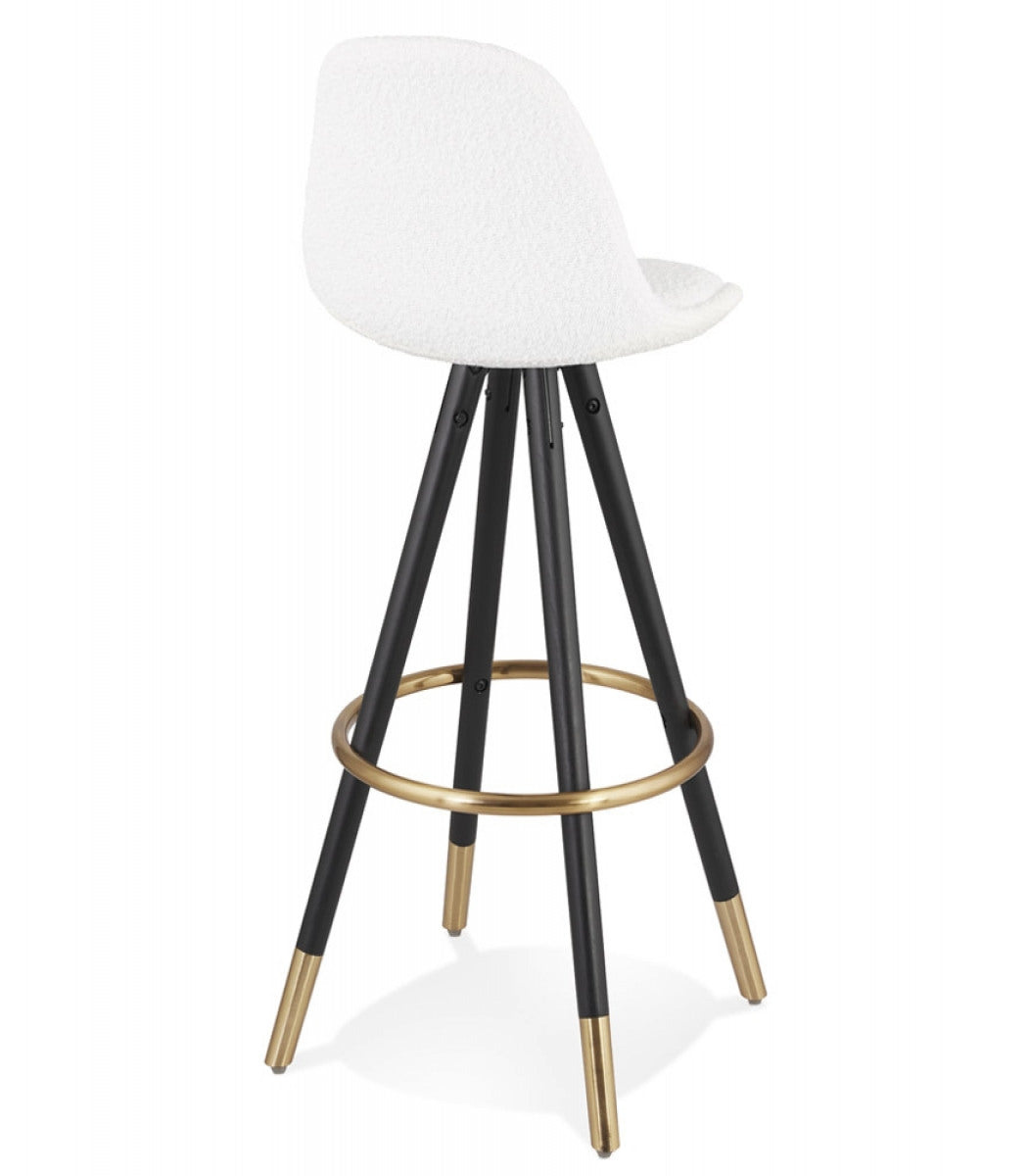 Tabouret de bar 'CLARISSE' en tissu bouloché blanc et 4 pieds en bois noir