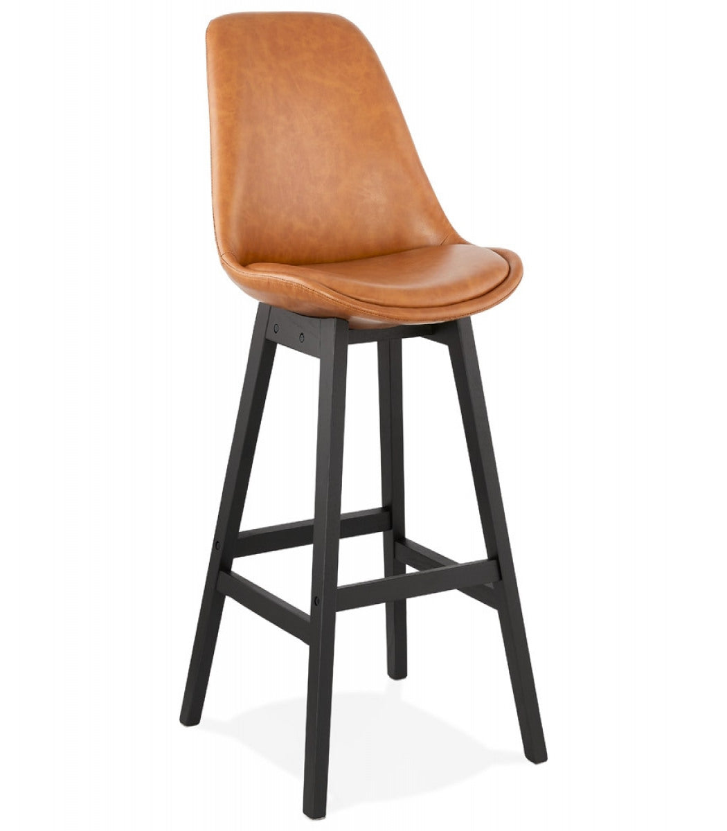 Tabouret de bar 'ELENA' brun en matière synthétique et pied en bois noir