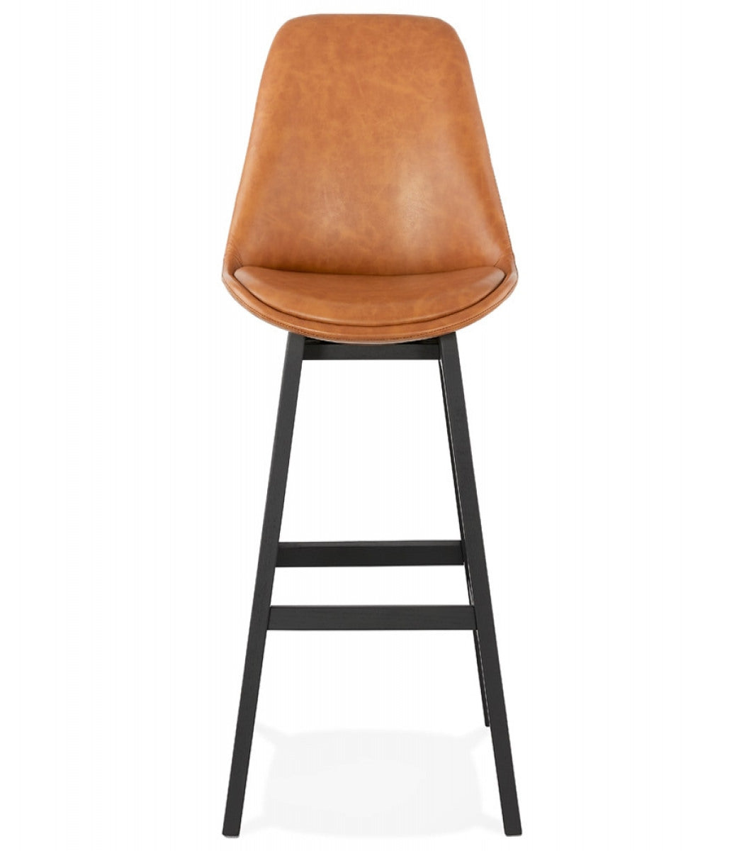 Tabouret de bar 'ELENA' brun en matière synthétique et pied en bois noir