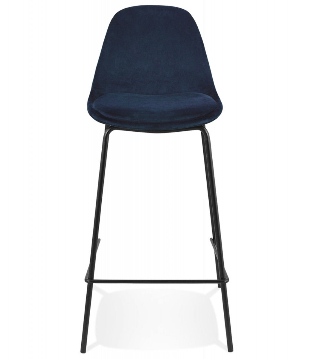 Tabouret snack mi-hauteur 'FENTON MINI' en velours bleu et pied en métal noir