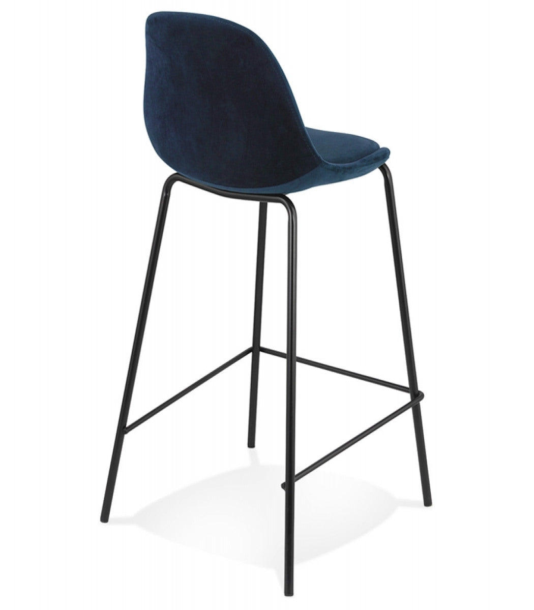 Tabouret snack mi-hauteur 'FENTON MINI' en velours bleu et pied en métal noir