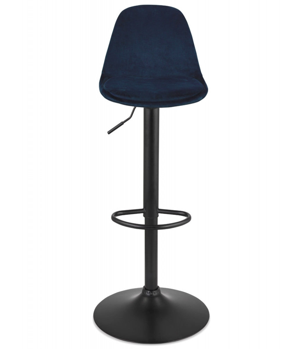 Tabouret réglable 'FINLEY' en velours bleu et pied en métal noir