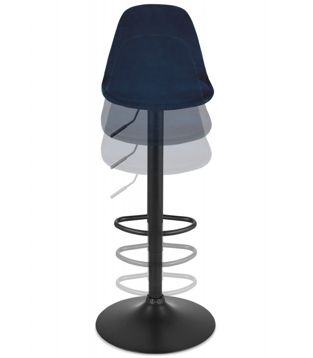 Tabouret réglable 'FINLEY' en velours bleu et pied en métal noir