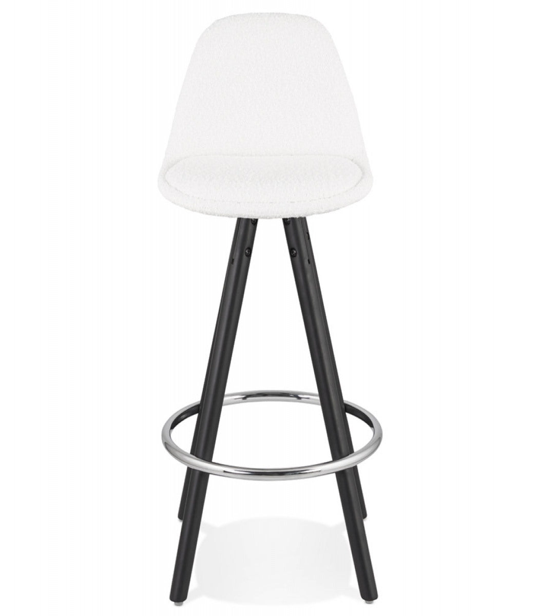 Tabouret snack mi-hauteur 'FLORENCE MINI' en tissu bouloché blanc et 4 pieds en bois noir