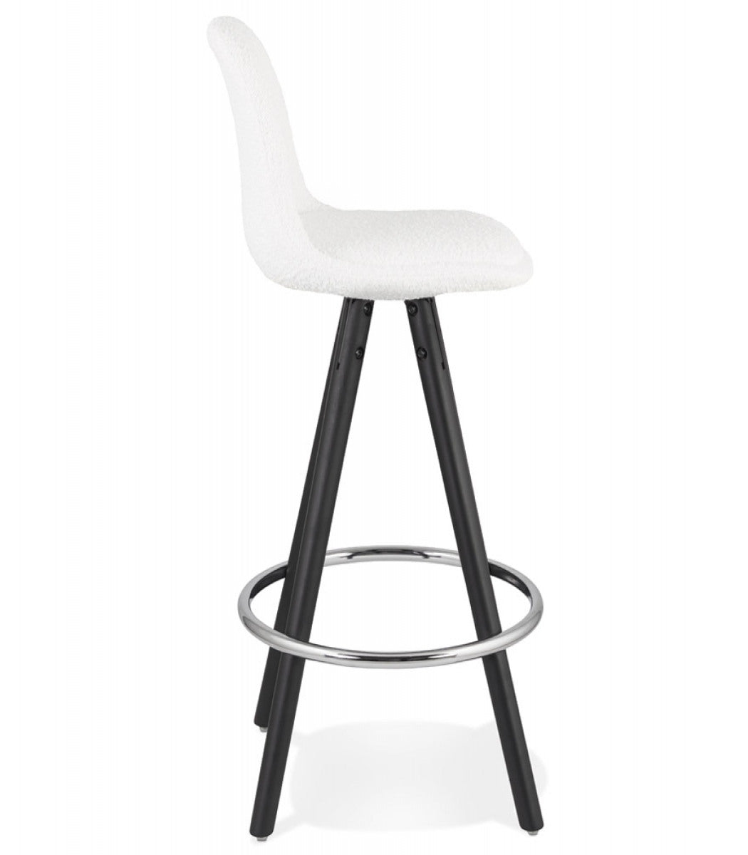 Tabouret snack mi-hauteur 'FLORENCE MINI' en tissu bouloché blanc et 4 pieds en bois noir