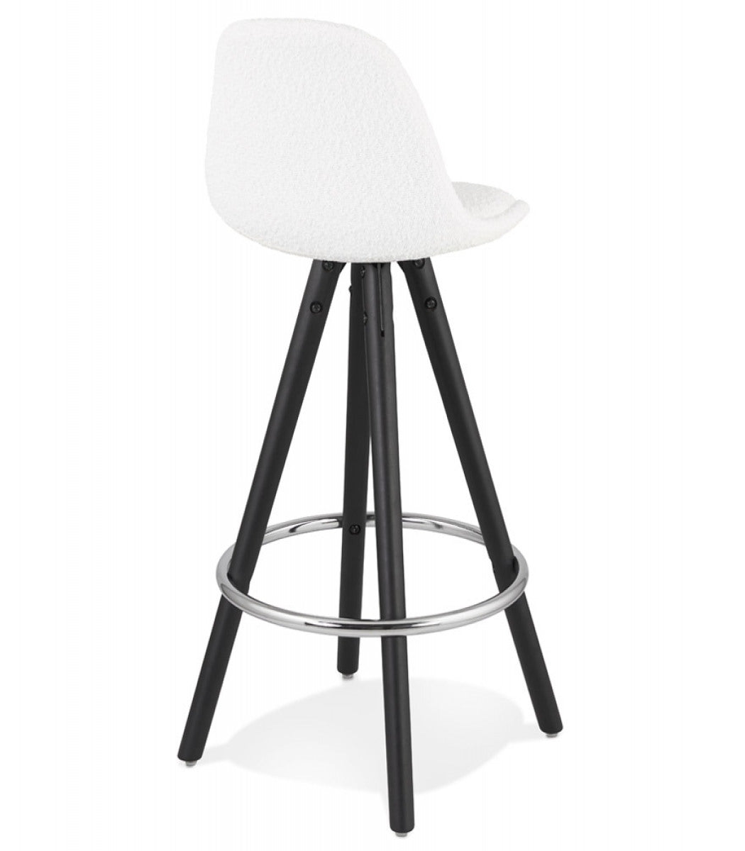 Tabouret snack mi-hauteur 'FLORENCE MINI' en tissu bouloché blanc et 4 pieds en bois noir