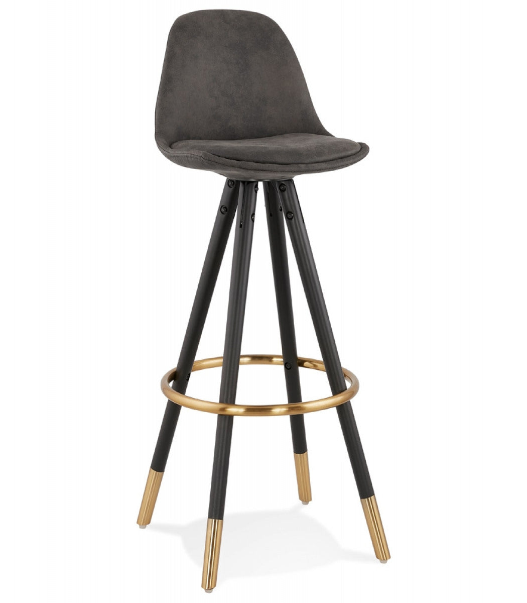 Tabouret de bar design 'KONG' en microfibre grise et pieds en bois noir