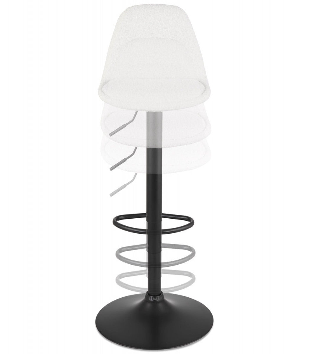 Tabouret réglable 'LANCELOT' en tissu bouclé blanc et pied en métal noir