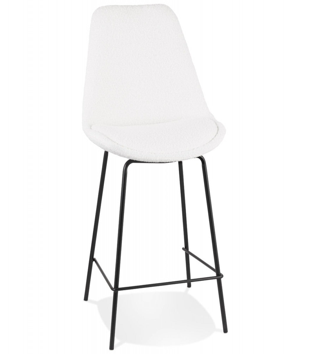 Tabouret snack mi-hauteur 'LEONIE MINI' en tissu bouloché blanc et pied en métal noir