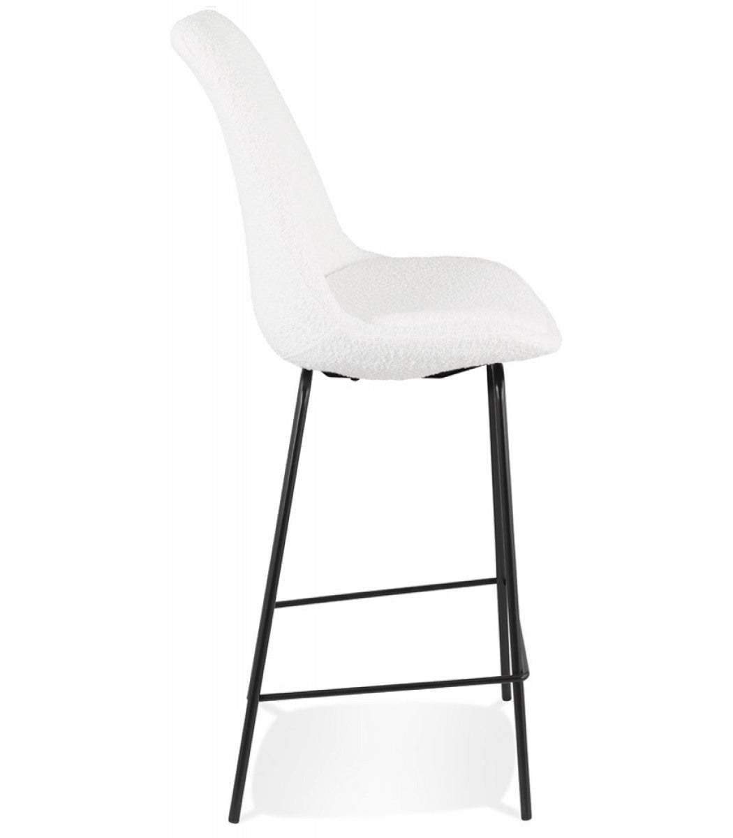 Tabouret snack mi-hauteur 'LEONIE MINI' en tissu bouloché blanc et pied en métal noir