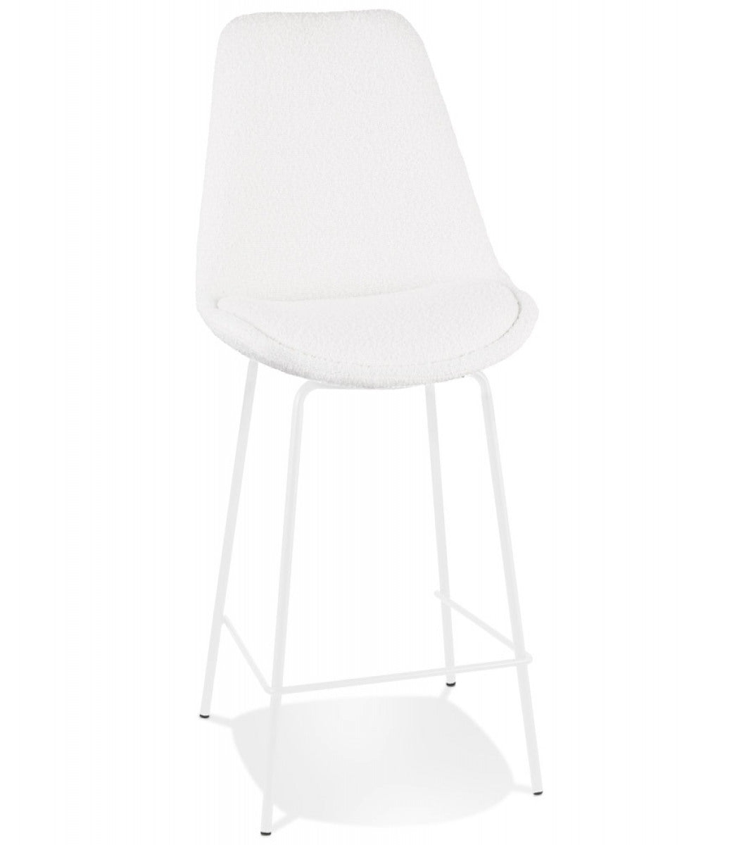 Tabouret snack mi-hauteur 'LEONIE MINI' en tissu bouloché blanc et pied en métal blanc