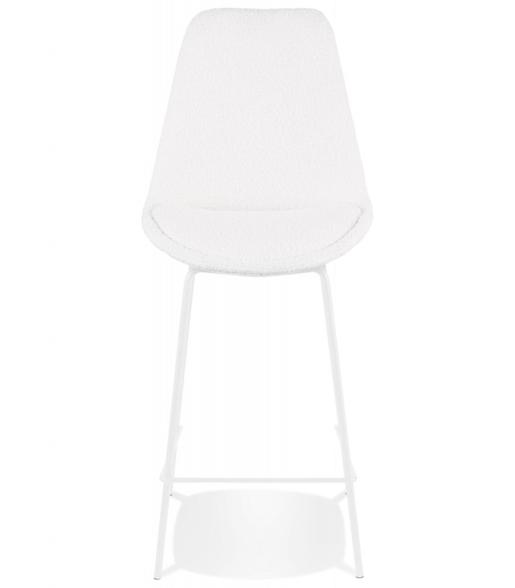 Tabouret snack mi-hauteur 'LEONIE MINI' en tissu bouloché blanc et pied en métal blanc