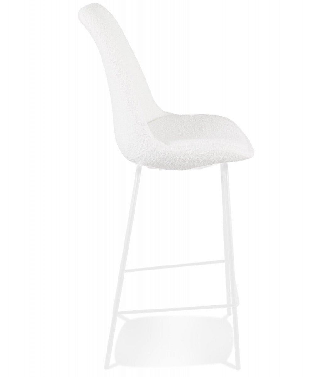 Tabouret snack mi-hauteur 'LEONIE MINI' en tissu bouloché blanc et pied en métal blanc