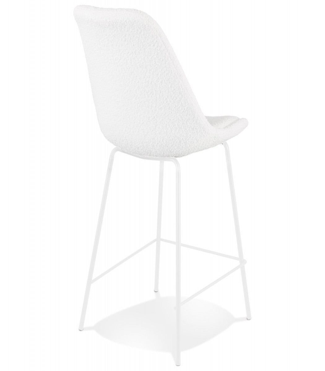 Tabouret snack mi-hauteur 'LEONIE MINI' en tissu bouloché blanc et pied en métal blanc