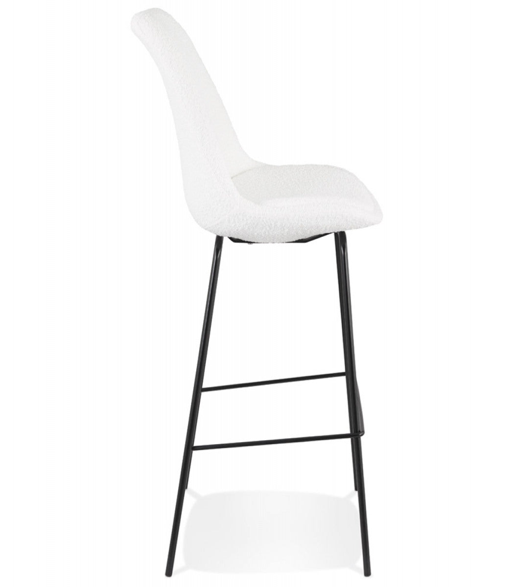 Tabouret de bar 'LEONIE' en tissu bouloché blanc et pied en métal noir