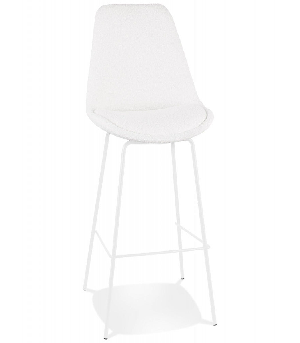 Tabouret de bar 'LEONIE' en tissu bouloché blanc et pied en métal blanc