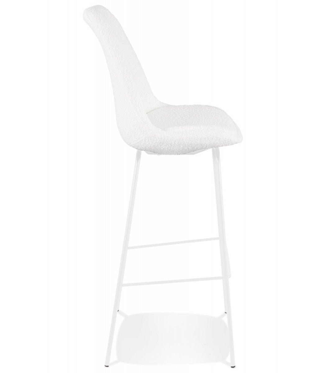 Tabouret de bar 'LEONIE' en tissu bouloché blanc et pied en métal blanc