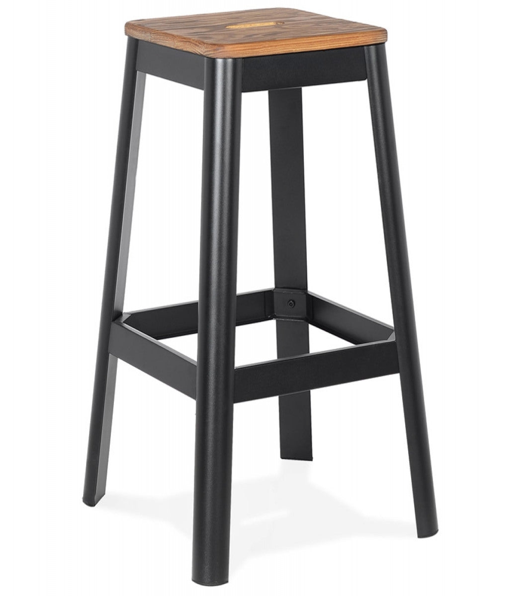 Tabouret haut style industriel 'LIDYA' avec structure en métal noir et assise en bois