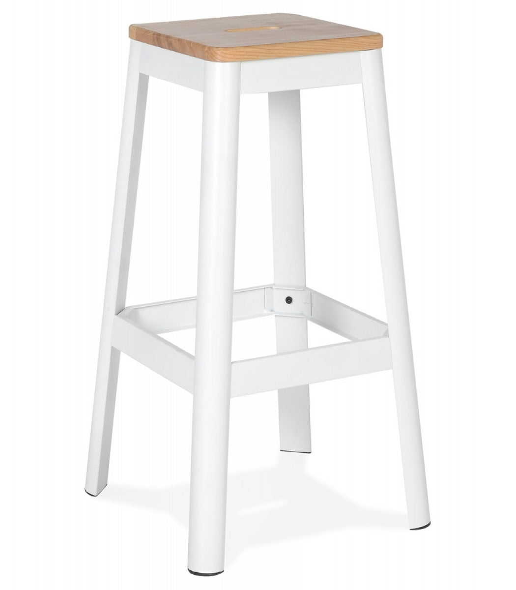 Tabouret haut style industriel 'LIDYA' avec structure en métal blanc et assise en bois