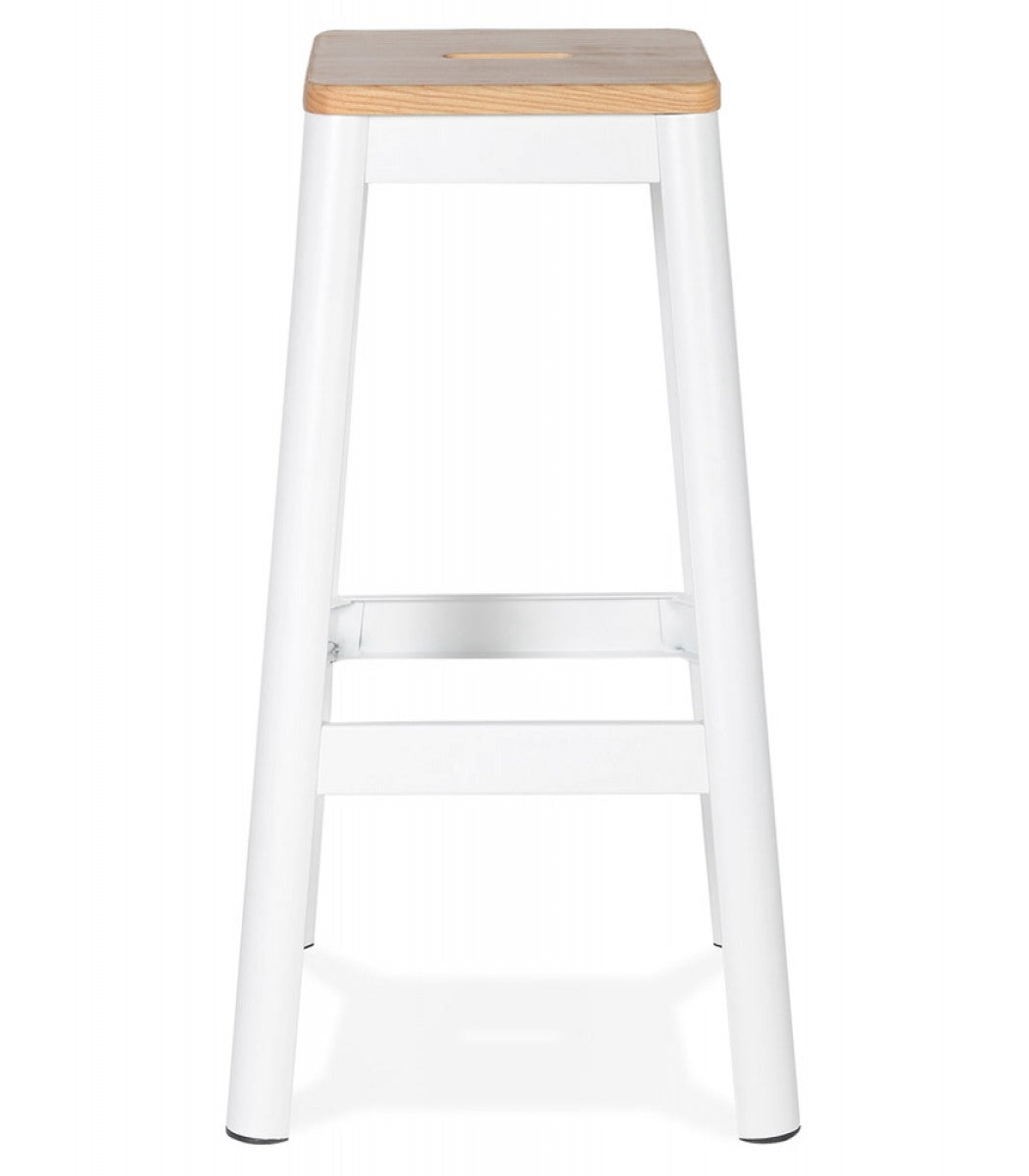 Tabouret haut style industriel 'LIDYA' avec structure en métal blanc et assise en bois