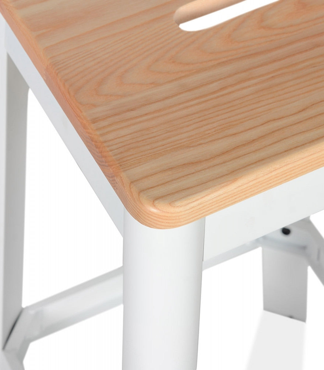 Tabouret haut style industriel 'LIDYA' avec structure en métal blanc et assise en bois