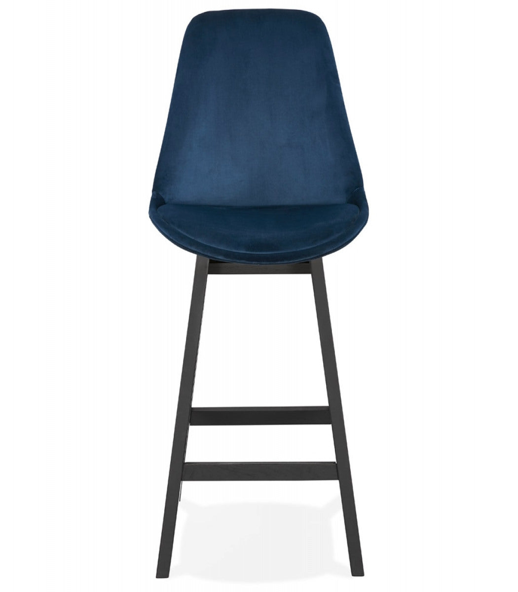 Tabouret snack mi-hauteur 'MORISS MINI' en velours bleu et pieds en bois noir