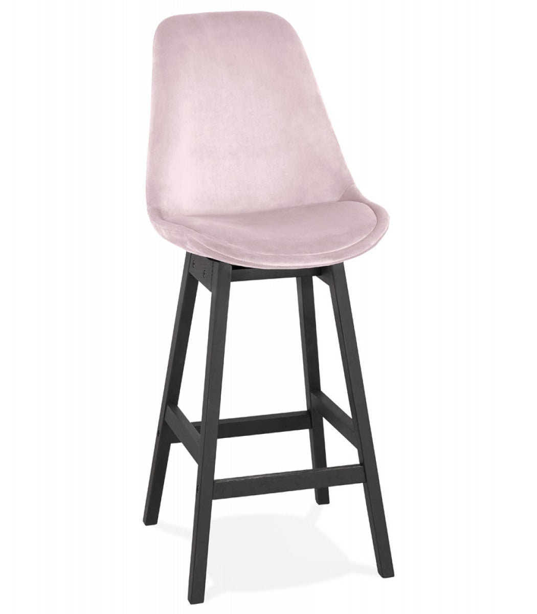 Tabouret snack mi-hauteur 'MORISS MINI' en velours rose et pieds en bois noir