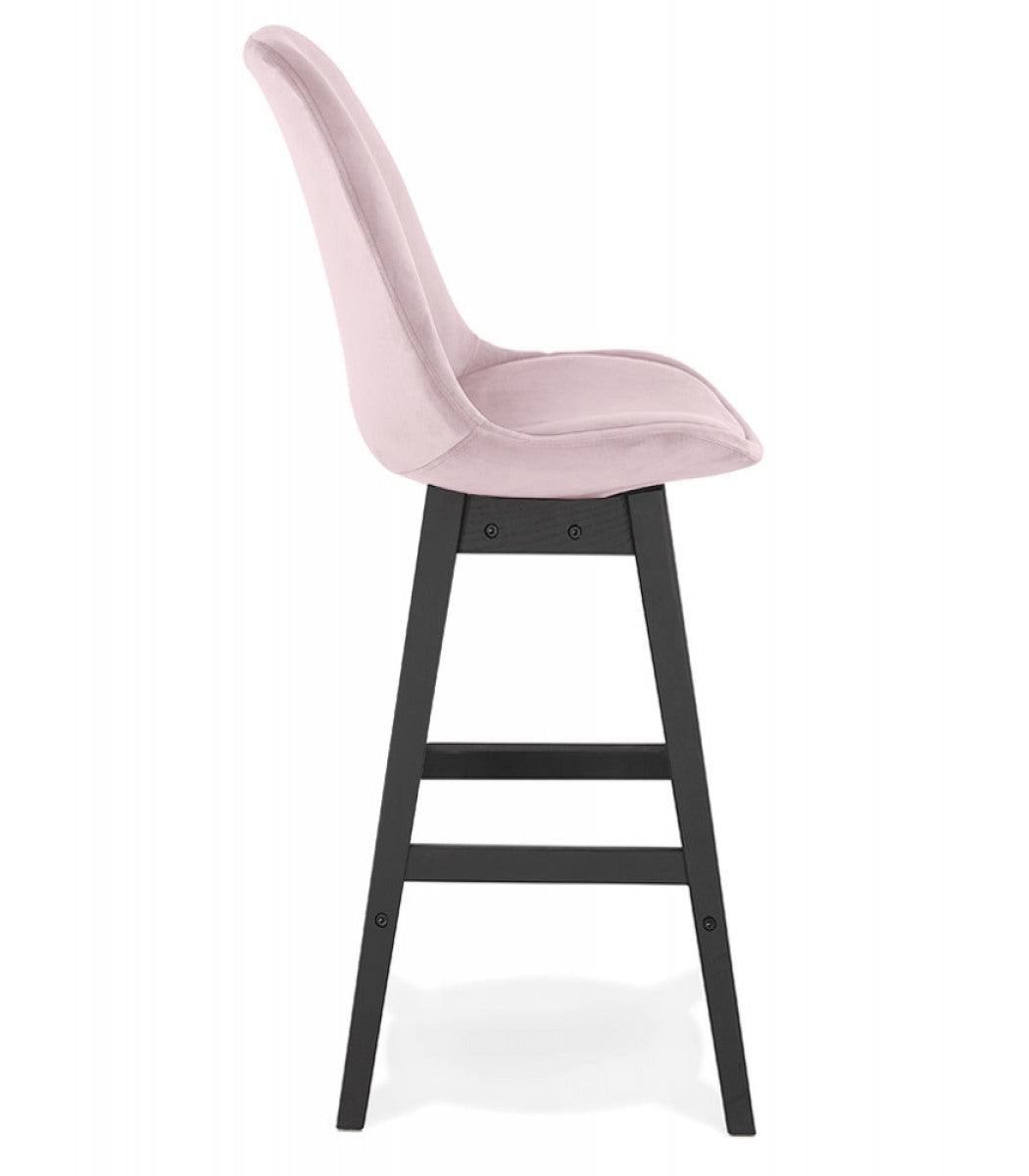 Tabouret snack mi-hauteur 'MORISS MINI' en velours rose et pieds en bois noir