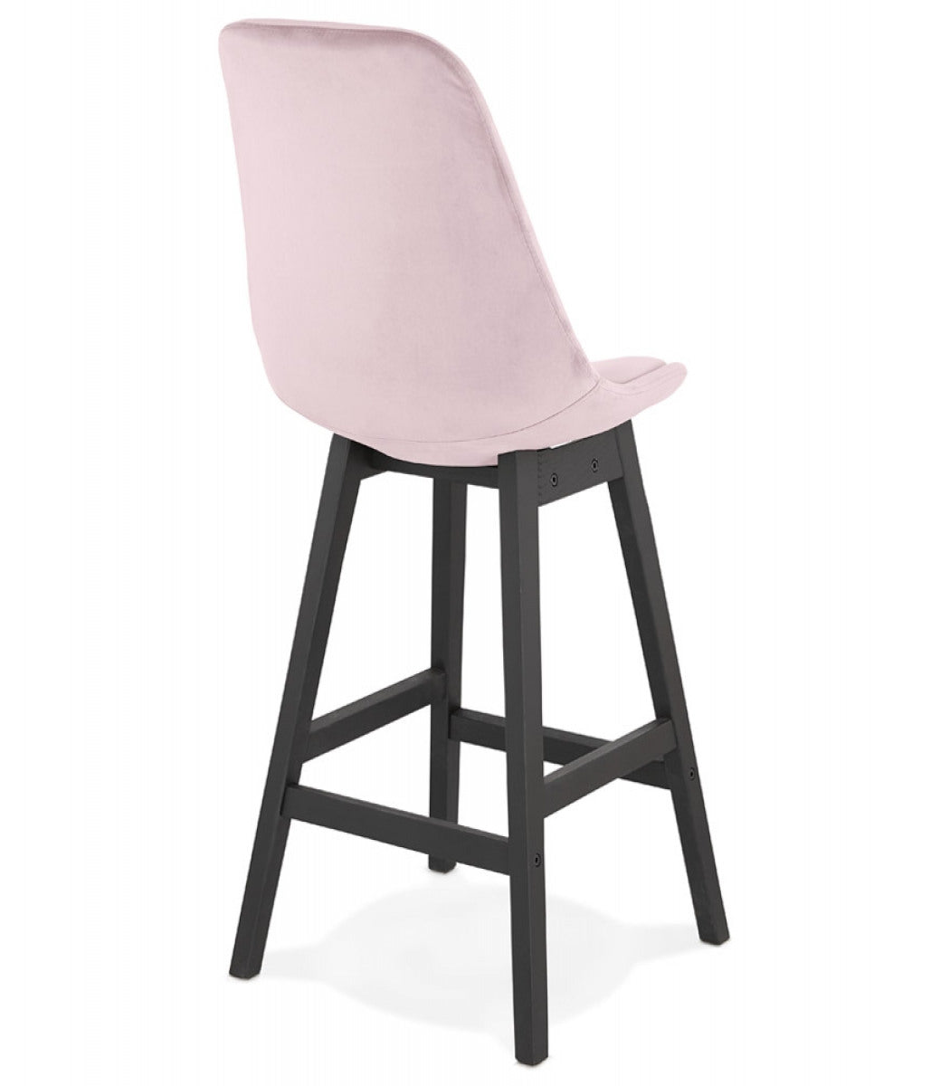 Tabouret snack mi-hauteur 'MORISS MINI' en velours rose et pieds en bois noir