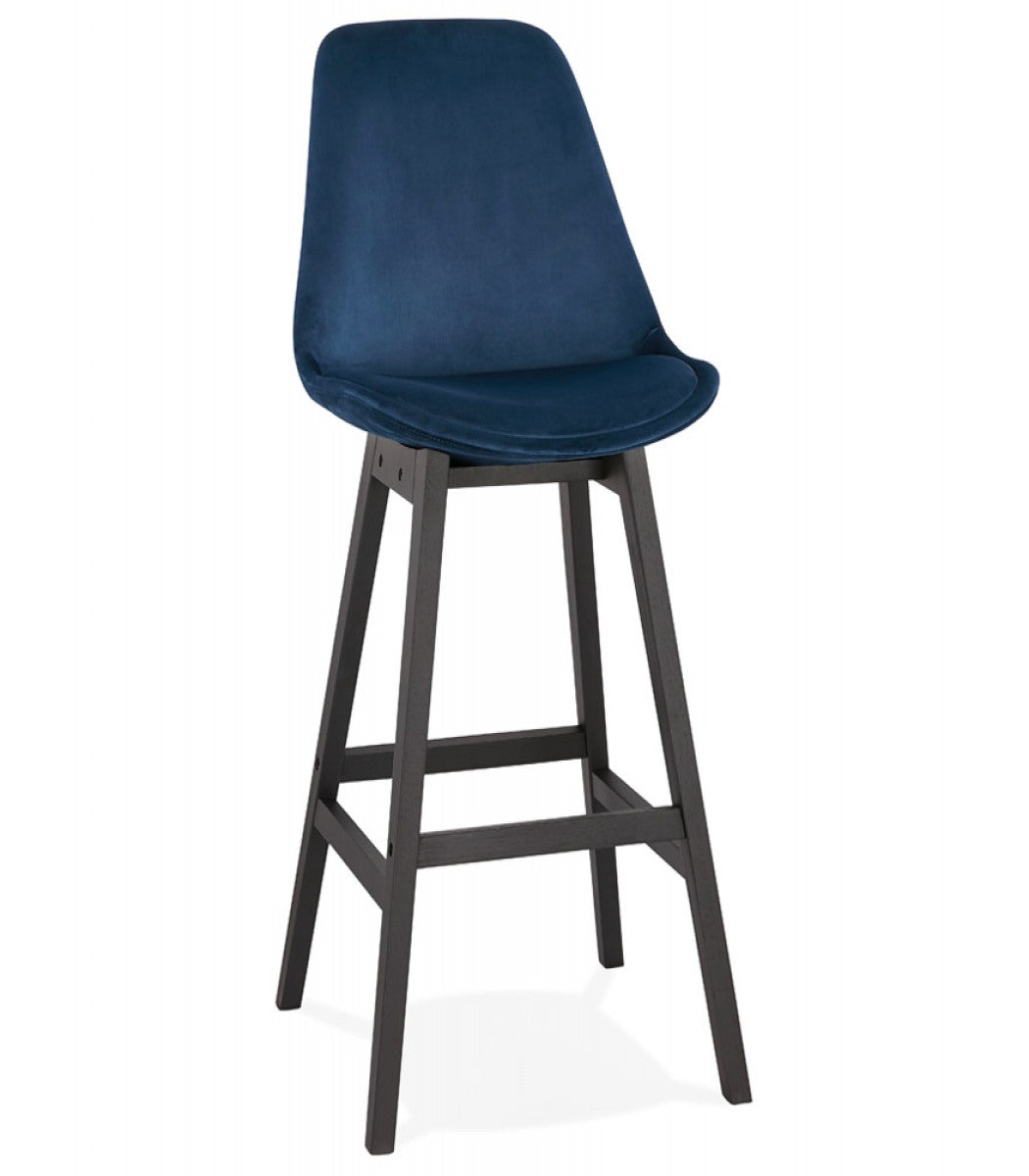 Tabouret de bar 'MORISS' en velours bleu et pieds en bois noir