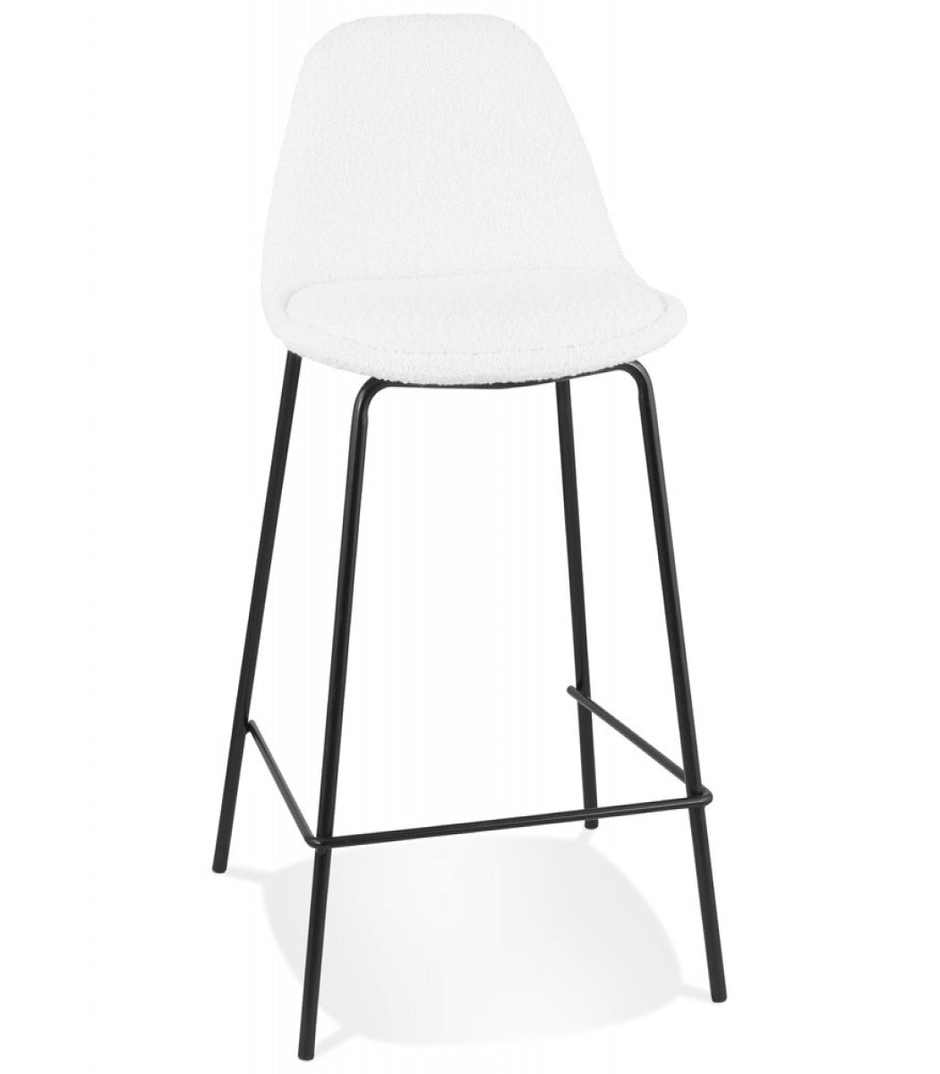 Tabouret snack mi-hauteur 'PLUMAR MINI' en tissu bouclé blanc et pied en métal noir
