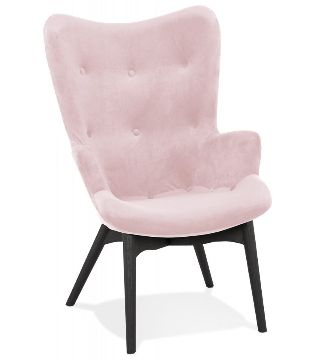 Fauteuil à oreilles 'RUBEN' en velours rose et pieds en bois noir