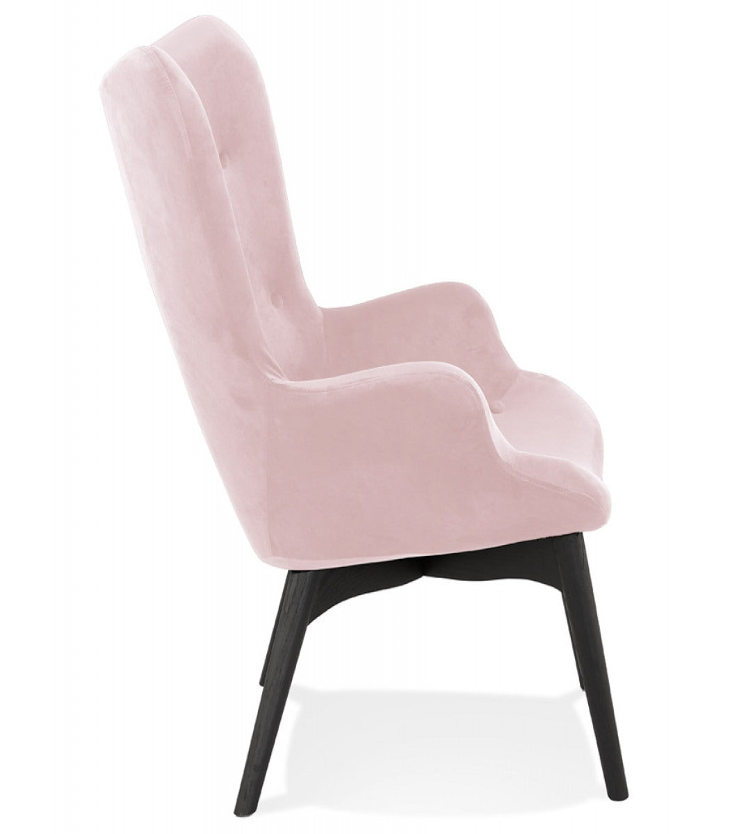 Fauteuil à oreilles 'RUBEN' en velours rose et pieds en bois noir