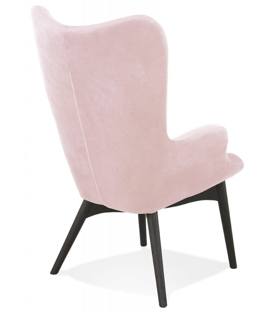 Fauteuil à oreilles 'RUBEN' en velours rose et pieds en bois noir