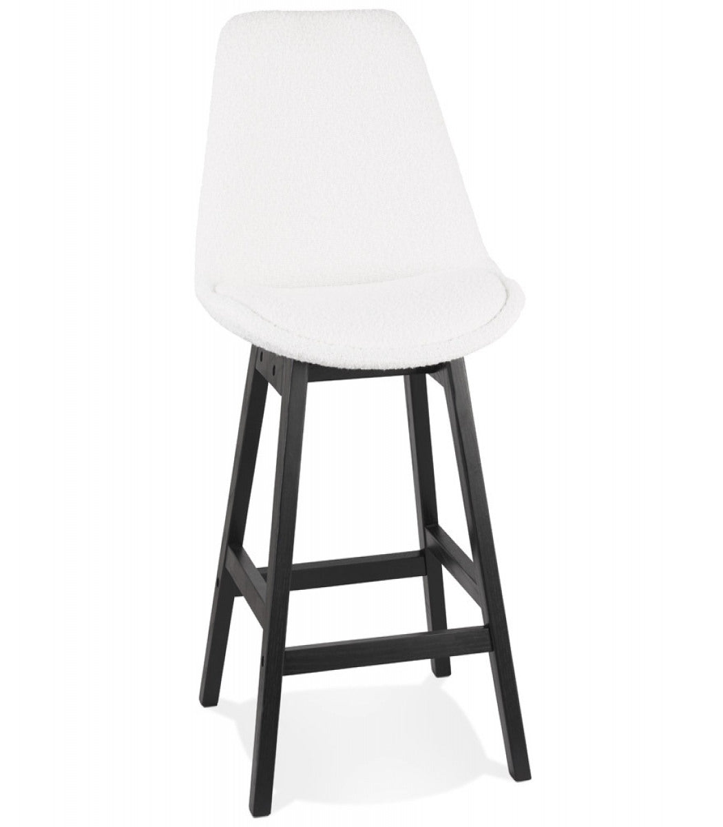 Tabouret snack mi-hauteur 'SANDRA MINI' en tissu bouloché blanc et pied en bois noir