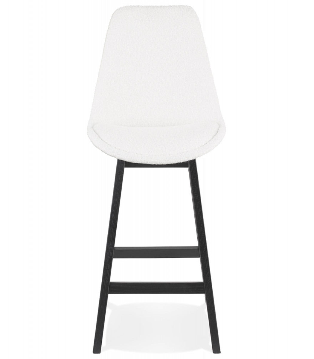 Tabouret snack mi-hauteur 'SANDRA MINI' en tissu bouloché blanc et pied en bois noir