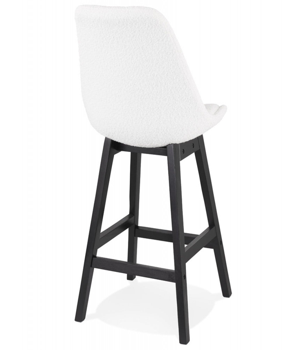 Tabouret snack mi-hauteur 'SANDRA MINI' en tissu bouloché blanc et pied en bois noir