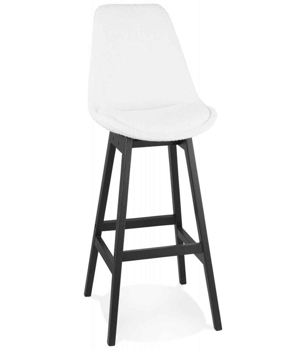 Tabouret de bar 'SANDRA' en tissu bouloché blanc et pied en bois noir