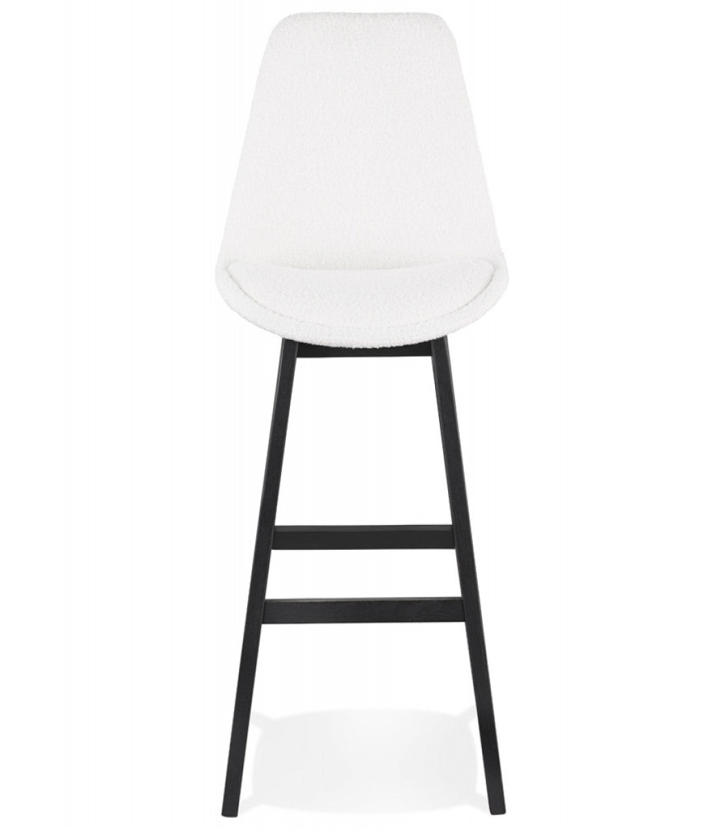 Tabouret de bar 'SANDRA' en tissu bouloché blanc et pied en bois noir
