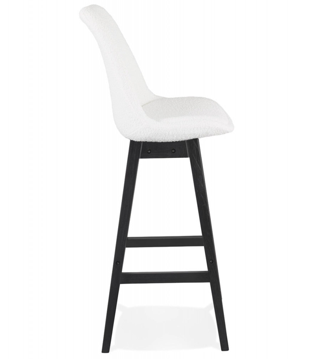 Tabouret de bar 'SANDRA' en tissu bouloché blanc et pied en bois noir